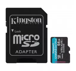 Карта памяти microSD 64Gb Kingston Canvas Go Plus C10 UHS-I U3 A2 + SD адаптер (SDCG3/64GB)