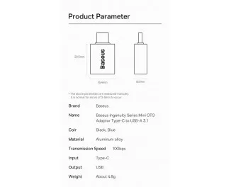 Адаптер - переходник USB Type-C > USB  Baseus Ingenuity Series Mini OTG (ZJJQ000001) Black