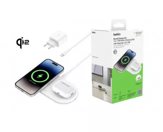 Беспроводное зарядное устройство Belkin 2-in-1 Magnetic Wireless Charging Pad with Qi2 15W White (WIZ021VFWH)