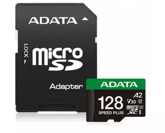 Карта памяти microSD 128Gb ADATA Speed Plus Class 10 V30 A2 UHS-1 U3 + SD адаптер (UD128GUI3V30A2SP-RA1)