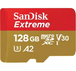 Карта памяти microSD 128Gb SanDisk Extreme ActionCam A2 C10 V30 UHS-I U3 + SD адаптер (SDSQXAA-128G-GN6AA)
