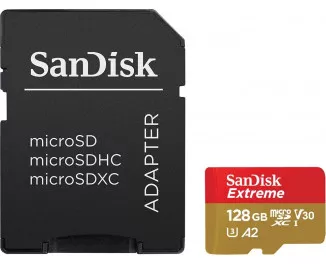 Карта памяти microSD 128Gb SanDisk Extreme ActionCam A2 C10 V30 UHS-I U3 + SD адаптер (SDSQXAA-128G-GN6AA)