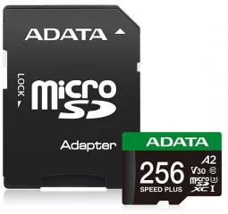 Карта памяти microSD 256Gb ADATA Speed Plus Class 10 V30 A2 UHS-1 U3 + SD адаптер (UD256GUI3V30A2SP-RA1)