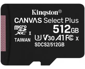 Карта пам'яті microSD 512Gb Kingston Canvas Select Plus class 10 UHS-I U3 V30 A1 (SDCS2/512GBSP)