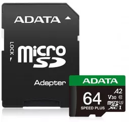 Карта памяти microSD 64Gb ADATA Speed Plus Class 10 V30 A2 UHS-1 U3 + SD адаптер (UD64GUI3V30A2SP-RA1)