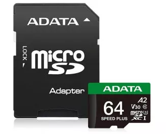Карта памяти microSD 64Gb ADATA Speed Plus Class 10 V30 A2 UHS-1 U3 + SD адаптер (UD64GUI3V30A2SP-RA1)