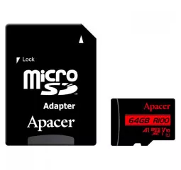 Карта памяти microSD 64Gb Apacer class 10 UHS-I V10 A1 + SD адаптер (AP64GMCSX10UB-R)