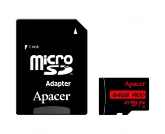 Карта памяти microSD 64Gb Apacer class 10 UHS-I V10 A1 + SD адаптер (AP64GMCSX10UB-R)
