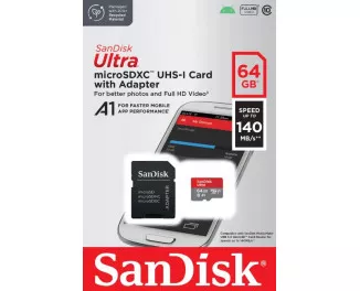 Карта памяти microSD 64Gb SanDisk Ultra class 10 A1 UHS-1 + SD адаптер (SDSQUAB-064G-GN6MA)