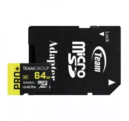 Карта пам'яті microSD 64Gb Team Pro+ UHS-I/U3 Class 10 + SD адаптер (TPPMSDX64GIA2V3003) Карта пам'яті microSD 64Gb Team Pro+ UHS-I/U3 Class 10 + SD адаптер (TPPMSDX64GIA2V3003)