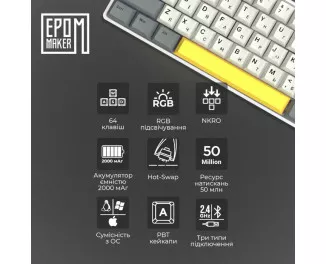 Клавіатура бездротова Epomaker EP64 60 Mulan Switch Hot-Swap RGB Wireless/Bluetooth/USB UA White (EP64-W-M)