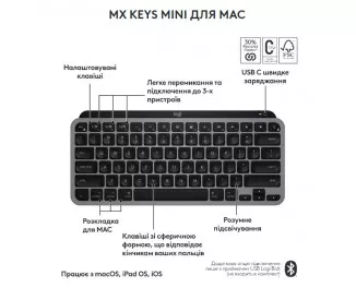 Клавіатура бездротова Logitech MX Keys Mini For Mac Space Gray (920-012652)