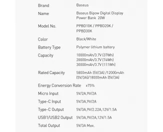 Портативный аккумулятор Baseus Bipow Digital Display (Overseas Edition) 10000mAh 20W (QC3.0 PD) (PPBD050301) Black