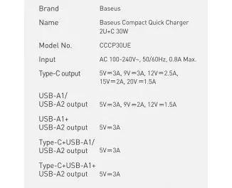 Сетевое зарядное устройство Baseus Compact Quick Charger 2U+С 30W (CCXJ-E01) Black