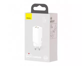 Сетевое зарядное устройство Baseus GaN2 Lite Quick Charger C+U 65W (CCGAN2L-B02) White