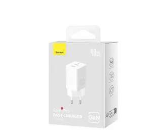 Сетевое зарядное устройство Baseus GaN5 Pro Fast Charger C+C 40W EU (CCGP180102) White