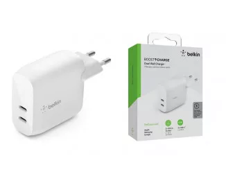 Мережевий зарядний пристрій Belkin 40W 2хUSB-С PD White (WCB006VFWH)