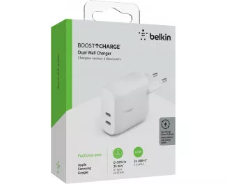 Мережевий зарядний пристрій Belkin 40W 2хUSB-С PD White (WCB006VFWH)