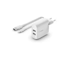 Сетевое зарядное устройство Belkin BoostCharge Dual USB-A Wall Charger 24W + Lightning to USB-A Cable White (WCD001vf1MWH)