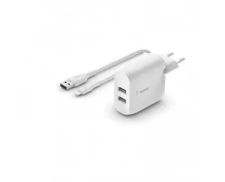 Сетевое зарядное устройство Belkin BoostCharge Dual USB-A Wall Charger 24W + Lightning to USB-A Cable White (WCD001vf1MWH)