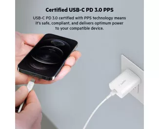Сетевое зарядное устройство Belkin BoostCharge USB-C PD 3.0 PPS Wall Charger 25W with USB-C/Lightning cable White (WCA004vf1MWH-B5)