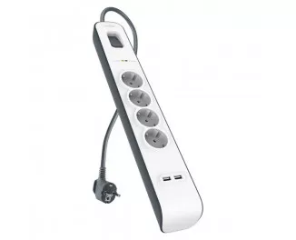 Мережевий фільтр Belkin 4хТип F, 3x1.5мм кв, 16А, 2xUSB-A 2.4A, 2м, White (BSV401vf2M)