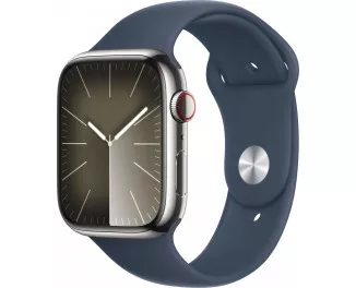 Смарт-часы Apple Watch Series 9 GPS + Cellular 45mm Silver Stainless Steel Case with Storm Blue Sport Band - M/L (MRMP3)