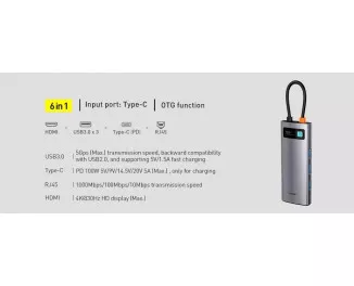 USB-хаб USB Type-C Baseus Metal Gleam Multi-functional 6-in-1 (PD, USB, HDMI, RJ45) (CAHUB-CW0G) Gray